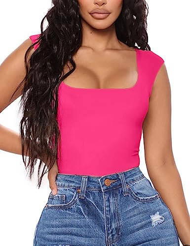 Aranmei Body da donna sexy causale con scollo quadrato senza maniche canotta body Teddy Clubwear per uscire,rosa,S