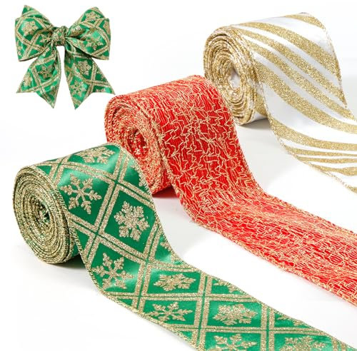 3 Rollen Weihnachts Netzband, 6,3m x 13,72m Glitzerndes Weihnachtsband Metallisches Netzband für Weihnachtsbaum Kranz DIY Kunsthandwerk (Rot, Grün, Golden)