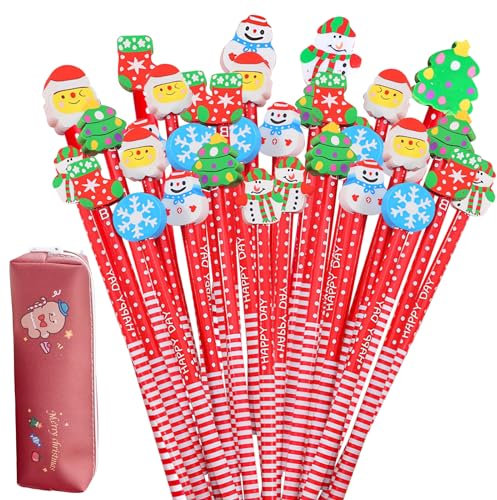 35pcs Bleistifte Weihnachten,Weihnachten Kinder Bleistift,Cartoon Bleistifte,Bleistifte mit Weihnachtsbaum Schneeflocken Radiergummi,mit Weihnachtliches Federmäppchen Geeignet für Weihnachtsdeko