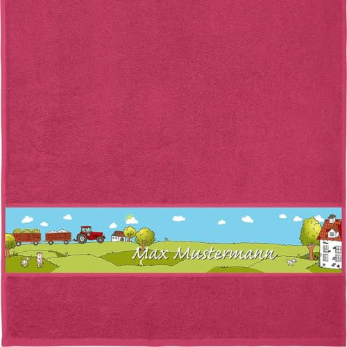 Handtuch mit Namen - personalisiert - Motiv Kinder - Bauernhof - viele Farben & Motive - Dusch-Handtuch - Fuchsia - Größe 50x100 cm - persönliches Geschenk mit Wunsch-Name