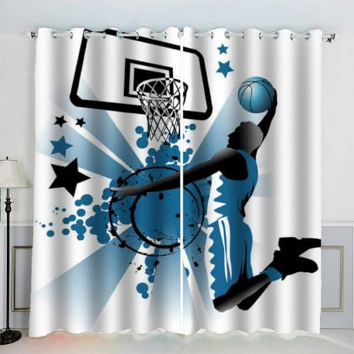 AKATIE Basketball Gardinen Kinderzimmer 3D Drucken Fenstervorhang Basketball-Spieler Vorhänge Abdunkelnd Blickdichte Schallschutz Gardinen mit Ösen 2er-Pack (140x160 cm)