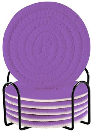 Amethyst-Untersetzer-Sets mit Halter, gewebte, saugfähige Untersetzer aus Baumwolle für Getränke, Farbtassenuntersetzer, 6 Stück