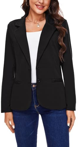 Women Long Sleeve Blazer Button Lapel Lightweight Knit Jacket (Black-L)
