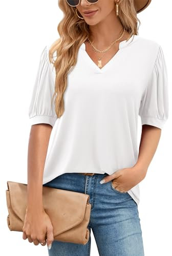 Amoretu Tshirt Damen Sommer Bluse Shirts Lose Basic Tunika Tops mit Geschwungener Saum Weiß L