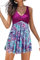 SHEKINI Women's Swimdress One Piece V Neck Swimming Costume Splice Printed Mesh Soft Cup Padded Elegant Bathing Suit Tummy Control with Boyshort, Fuchsia, X-Large