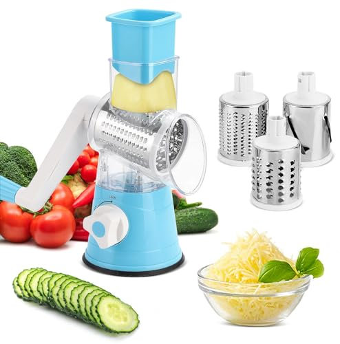 Trituradora rotativa de verduras 3 en 1, rallador giratorio de queso, cuchillas redondas de mandolina de verduras, trituradora de frutas y verduras de mano, para frutas, nueces y verduras, azul (azul)