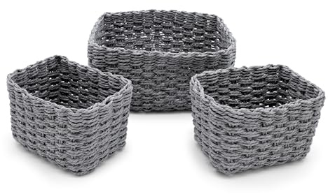 Deko Aufbewahrungs Körbchen in grau - 3er Set - Rattan Allzweck Flechtkorb aus Papier - Mehrzweck Rattankorb Bad Organizer stapelbar