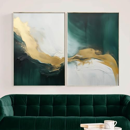 Abstrakte Wandkunst, Smaragdgrün, Dunkelgrün und Grau, Wandkunst, Goldfolie, abstrakt, schwarz, gold, grün, Bilder, Wanddekoration, Smaragdgrün, abstrakte Leinwand, Wandkunst, Wohnzimmer-Dekor, 40,6 x