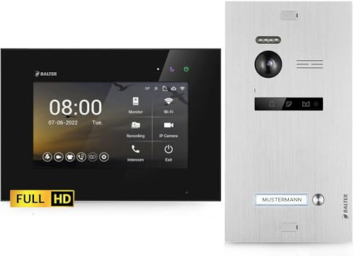 Balter EVO-HD Video Türsprechanlage, Video Türklingel, 1 Familienhaus Klingel, 7 Zoll HD-Monitor, Full HD-Kamera, 2 Draht Bus, Gegensprechanlage mit 175° Weitwinkel-Kamera