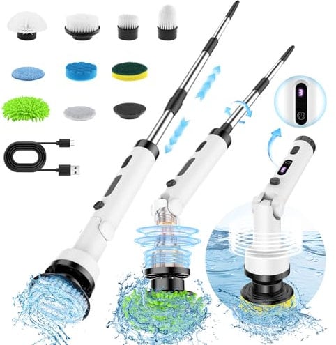 TEMOLA Brosse Electrique Nettoyage Rotative, Electric Cleaning Brush 9 en 1, Brosse Electrique avec Longueur de Réglage, 3 Vitesses Brosse Nettoyage pour Salle de Bain Cuisine Voiture Wall, Floor