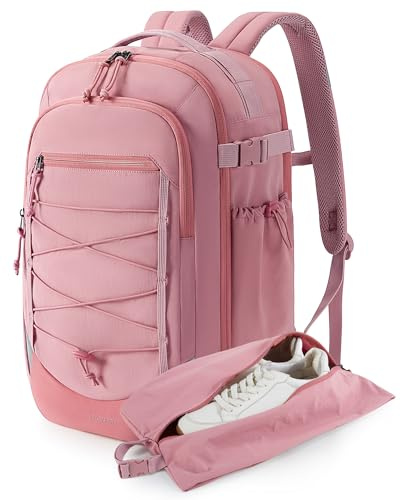bagsmart Carry-On Travel Backpack, 17.3 Inch Large Travel Bag, Laptop Backpack, Personal Belongings Backpack with Shoe Pocket, 30L Waterproof Casual Backpack, Pink
