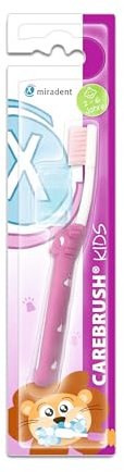 miradent Carebrush® Kids | Pink | Kinderzahnbürste | 2-6 Jahre | Schonende Reinigung der Milchzähne | Ergonomisch geformt | Rutschfester Griff mit Daumenstopp | Mit praktischer Hygiene-Schutzkappe