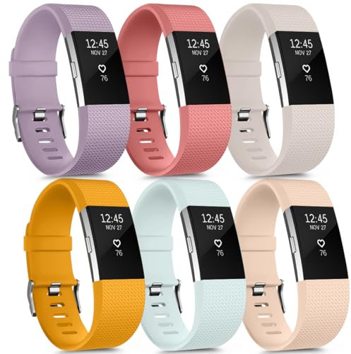 Amzpas 6 Pièces Sport Bracelet Compatible avec Fitbit Charge 2 Femmes Hommes, Colorée Silicone Souple Bracelet pour Fitbit Charge 2