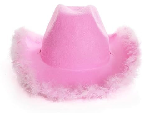 Sombrero de vaquera de marabú para adultos, paquete de 1, sombrero de vaquero de fieltro rosa lila con ribete de marabú, sombrero de vaquera para adultos, accesorio de disfraz de despedida de soltera