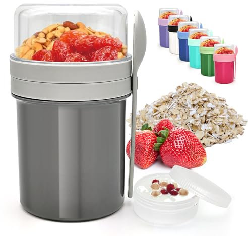 XJIANFU Müslibecher to Go 250ml+450ml,Auslaufsicherer Lunchpot Müsli Cup to Go Becher mit Löffel,Müslibecher to Go,to Go Müslibecher,Joghurtbecher to Go(3545-Grey)