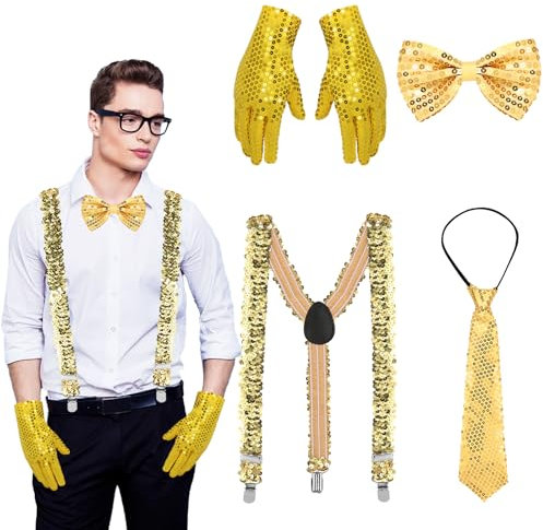 4 Stück Glitzer Kostüm Accessoires Herren, Silvester Kostüm Zubehör Pailletten Outfit Herren, mit Hosenträger, Fliege, krawatte, Handschuhe, für Neujahr Karneval Hip-Hop Dance Mottoparty (Gold)