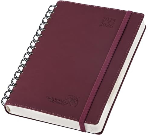 POPRUN Tagesplaner 2025 2026 A5 Ringbuch 21,5 x 14,5 cm (Aug.2025-Jul.2026), Tageskalender 1 Tag 1 Seite (Montag - Sonntag) mit Softcover, PU-Leder, Monatliche Registerkarten - Weinrot