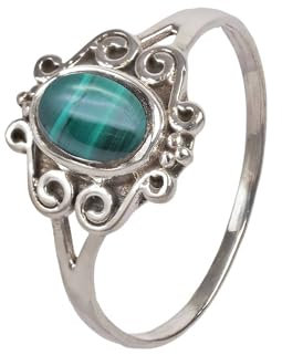 mantraroma Damen Ring Silber mit Stein Malachit Edelstein grün dezent verspielt