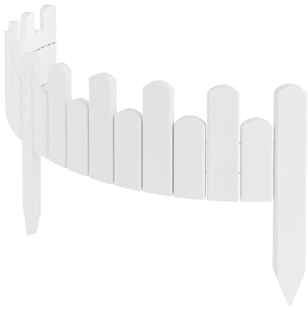Floranica Beeteinfassung Rasenkante Höhe 15 cm Weiß 100 cm lang Flexibler Gartenzaun Holz Rollzaun Steckzaun Holzzaun Palisade Mähkante Rollborder