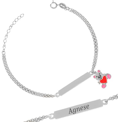 Armband aus 925er-Silber mit Namensschild und emailliertem Bär, Geschenkidee für Mädchen und Jungen, süßes Armband für Geburt, Taufe, Kommunion, Geburtstag