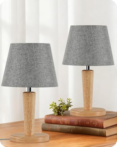 GOEBLESON Nachttischlampe aus Holz 2er Set, Graue Tischlampe | Mit Leinen Lampenschirm, E27 Fassung mit Birne, 3000K/4000K/6500K, für Wohnzimmer, Schlafzimmer, Fensterbank ZMH13TLDP205