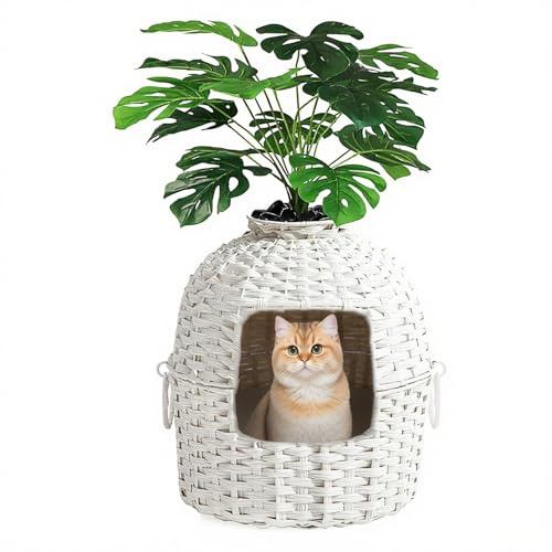 LEEJARD Versteckte Katzentoilette XXL im Blumentopf-Design – Große Katzenklo Höhle mit Kunstpflanze & Aktivkohlefilter – Robustes PE-Rattan Katzenmöbel für Wohnzimmer & Schlafzimmer