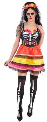 Smiffys Ladies Day of the Dead Costume with Dress and Rose Headband Veil Women’s Dia de los Muertos Halloween Fancy Dress Outfit