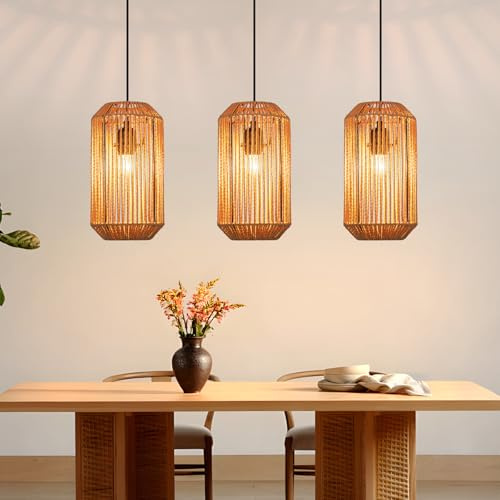 Deboola Pendelleuchte Boho Hängelampe Rattan Lampe Hängend Höhenverstellbar | Hängeleuchte Esszimmer 3 flammig Esstischlampe Retro Design mit E27 Fassung für Schlafzimmer Wohnzimmer/Ohne Leuchtmittel