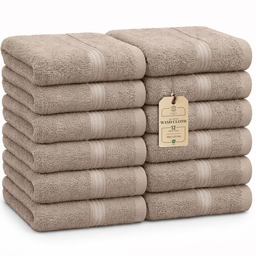 HomeBurg Luxe set med 12 tvättlappar – 100% bomull, mjuka och absorberande, lättskötta, premium för ansikte, 30×30 cm, Sand/Beige