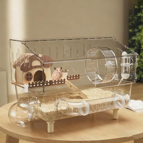 Hamsterkäfig aus Acryl mit allem Zubehör, 2-lagiges Haus mit vollständiger transparenter Sicht, Laufrad, Aufbewahrung, Lebensraum oben, offener Mauskäfig für Haustiermäuse, großer Lebensraum für