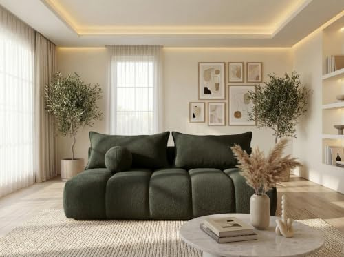 WFL GROUP Schlafsofa mit Bettkasten – 3-Sitzer Sofa Couch mit Schlaffunktion, Bettfunktion – Skandinavische Polstercouch im modernen Design – Weicher Bouclé, Bouclestoff – Dunkelgrün