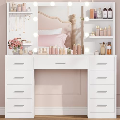 TEENFON Large Dressing Table with 3-Color LED Lighted Mirror, Adjustable Brightness, Makeup Vanity Table with 9 Drawers, 6 Shelves & 5 Jewelry Hooks, Vanity Desk for Bedroom, Dressing Room, White