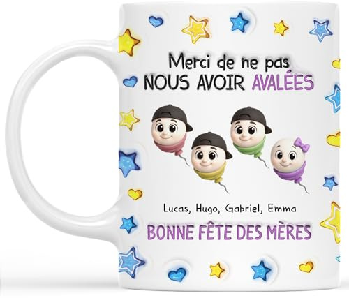 Cadeau Plus Mug Personnalisé - Merci De Ne Pas Nous Avoir Avalés - Cadeau Mamie, Tasse Personnalisée Maman, Cadeaux pour maman, Mug fete des pere, Tasse papa personnalisé (4 Enfants)