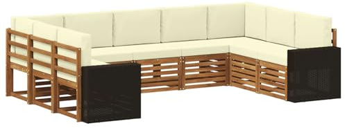 vidaXL Ecksofa Set mit Kissen 9 pcs Natur und Creme Polyester, Gartenmöbel, modernes Loungeset, strapazierfähiges Sofa im Freien, gemütliche Sitzgelegenheit für Terrasse und Garten