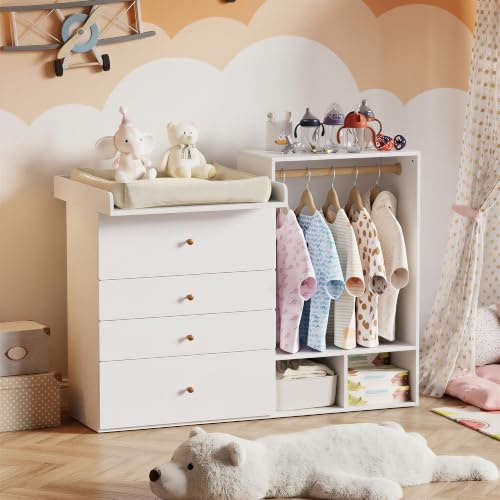 MSFE Wickelkommode Wickeltisch, Kleiderschrank Für Kinderzimmer,Vielseitiger Wickeltisch für flexiblen Einsatz als Wickel- oder Aufbewahrungsmöbel, Keine Wickelunterlage enthalten, 150x112x38cm