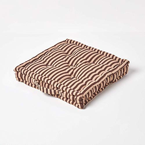 HOMESCAPES - Pin Stripe Choco - 100% Cotton - Floor Cushion - Chocolate and Beige - 40 x 40 x 8 cm Square - Indoor - Garden - Dining Chair Booster - Seat Pad Cushion.