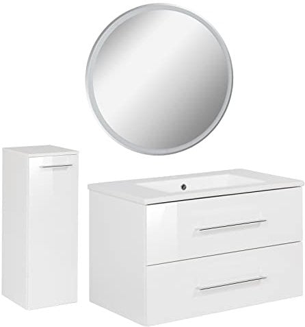 FACKELMANN weisses Badmöbel Set B.Perfekt 3-tlg. mit Waschtisch Unterschrank inkl. Keramikbecken hängend 80 cm & runder LED Badspiegel