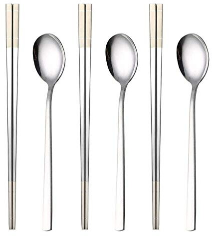 Juego de palillos y cucharas de acero inoxidable con baño de titanio saludable, reutilizable, mango largo y palillos de sopa coreana, apto para lavavajillas, juego de 3 (plata)