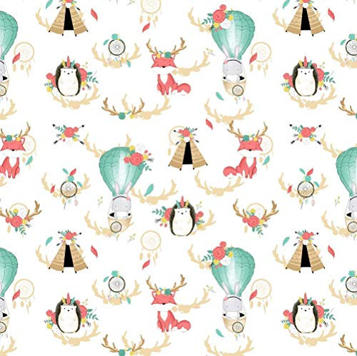 100x160cm Igel Fuchs Indianer 100% Baumwolle Baumwollstoff Kinder Meterware Handwerken Nähen Stoff (Igel Fuchs Indianer Weiß, 100x160cm (11,99€/m))