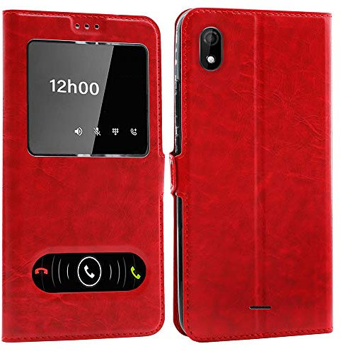 CEKA TECH Coque pour Wiko Y61 (6,0 Pouces), Etui Housse avec FENETRES, Pochette Magnétique (Rouge)