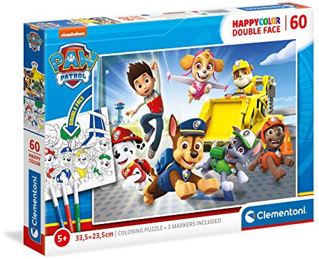 Clementoni 26097 Happy Color Double Face Paw Patrol – Puzzle 60 Teile ab 5 Jahren, doppelseitiges Kinderpuzzle mit Bild zum Ausmalen, inkl. 3 Filzstiften, Denkspiel für Kinder