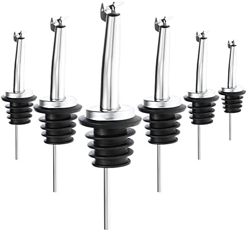 com-four® 6x bottle pourer with protective lid - dosing pourer made of stainless steel - portioner for schnapps, rum, whiskey, drinks, vinegar, oil (06 pieces - silver-colored - with lid)