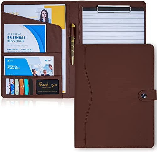 AMKSONS Schreibmappe A4 in Braun inklusive Klemmbrett & DIN A4 Notizblock - Premium Konferenzmappe aus PU-Leder mit Dokumentenfächern, Stiftehalter, Klappdeckel und Magnetverschluss