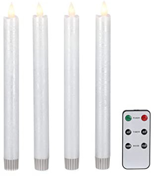 DbKW (4er Silber) LED Stabkerzen in Echtflammen-Optik mit Fernbedienung und 4/8 Stunden Timer aus Echtwachs. Neustes Modell! Flackereffekt und Standlicht. Tafelkerzen Kerzen