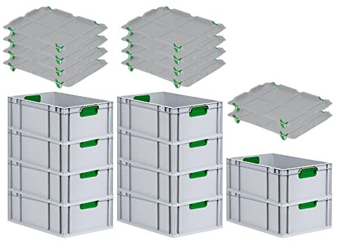 PROREGAL SuperSparSet 10x Eurobox NextGen Color mit Auflagedeckel & Schiebeschnappverschlüsse, HxBxT 22x40x60cm, 44L, Griffe grün geschlossen, Verstärkter Boden, Eurobehälter Transportbox