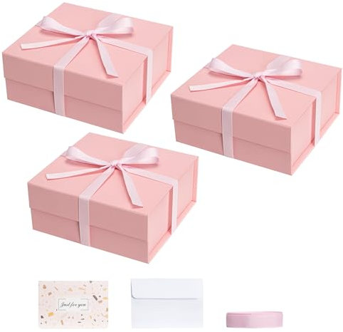 CHARMGIFTBOX 3 Stück Geschenkbox mit Deckel Rosa, 18,6 x 17,5 x 8,4 cm, Magnetische Geschenkboxen mit Schleife, Faltbare Boxen für Geburtstagsparty, Brautjungfer, Weihnachtsgeschenke