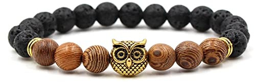 Whoiy Lavaperlen Armband Damen, Perlen Armbänder Legierung Schwarzes Holz Eule Geburtstagsgeschenk Perlenarmband für Ihn 19cmx8mm
