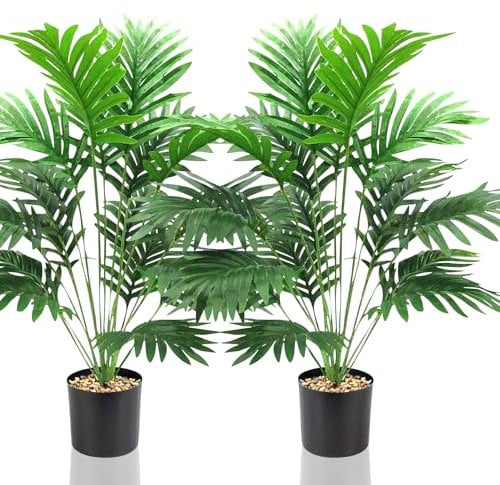Lighterday Lot de 2 plantes artificielles de 80 cm - Arbre décoratif d'intérieur - Plantes en plastique pour bureau, maison, décoration intérieure et extérieure (2 pots de palmier jaune artificiel)