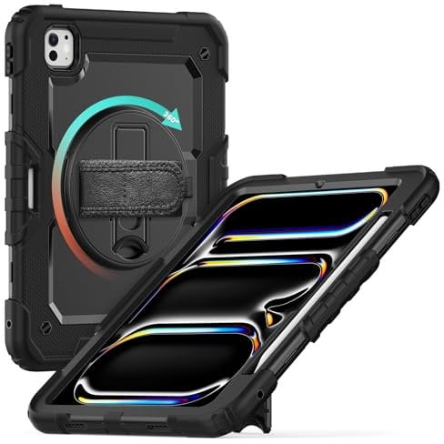 HBYLEE Hülle für iPad Pro 11 Zoll (M4, 2024), verbesserte vollständige Abdeckung, 3-lagige, robuste Schutzhülle zum Umhängen, mit drehbarem Ständer und Griff, Schultergurt, Stifthalter,B