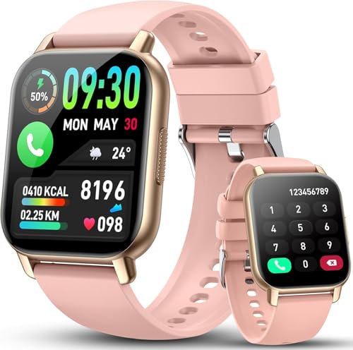 Smartwatch Damen Herren mit Telefonfunktion, 1.85'' HD Smart Watch, 112+ Sportmodi Sportuhr mit Pulsuhr/Schlafmonitor, IP68 Wasserdicht Fitnessuhr mit Information Erinnerung für iOS Android, Roségold